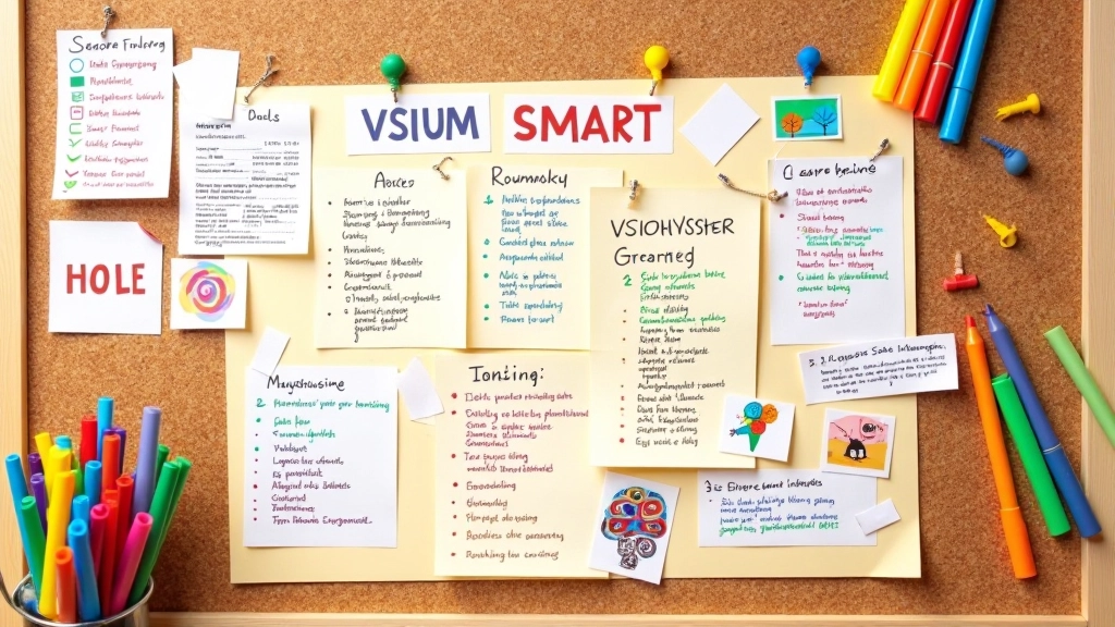 Kleurrijk visiebord met uitgeknipte afbeeldingen, woorden en doelstellingen op corkbord