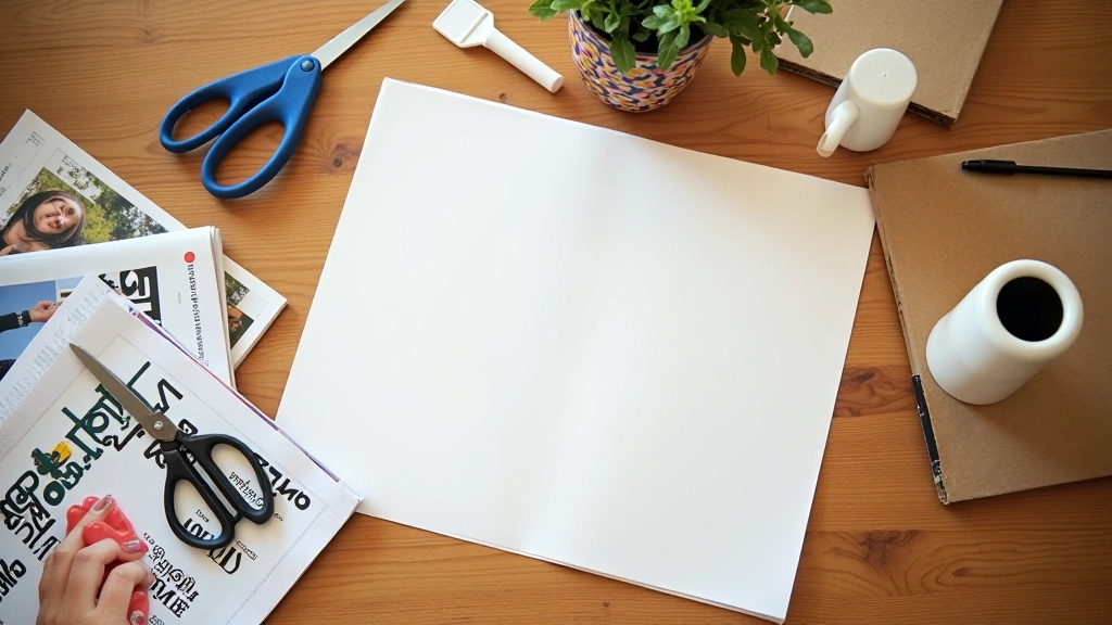 Verschillende magazines, scharen en lijm op houten tafel voor visiebord maken