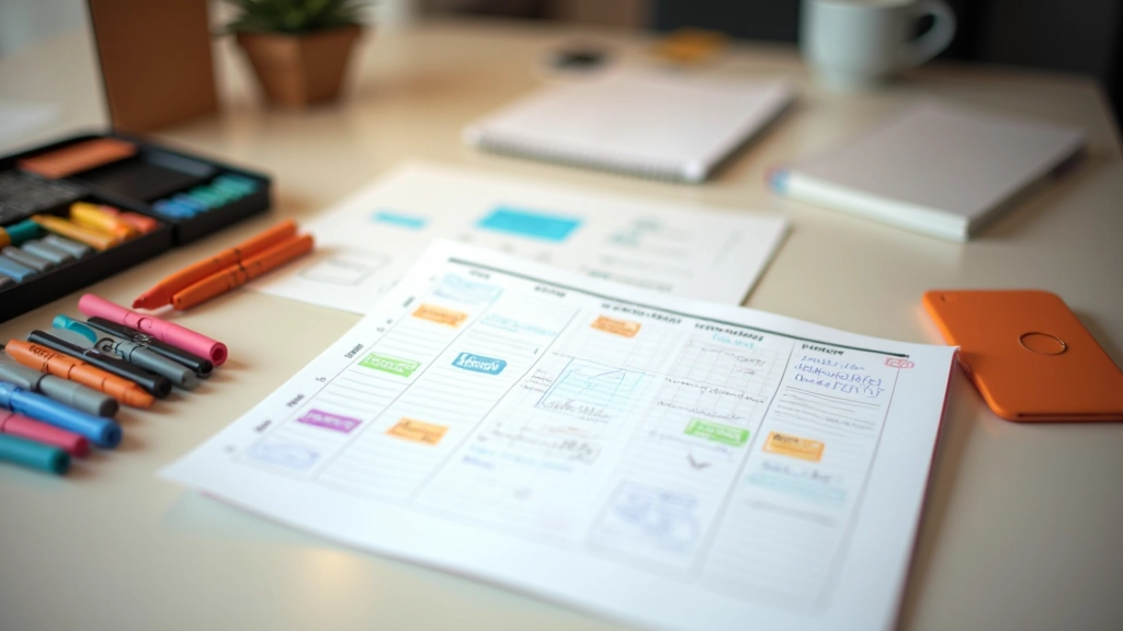 Maandkalender met gedetailleerde aantekeningen, doelstellingen per week ingedeeld, kleurpotloden en planning tools op tafel