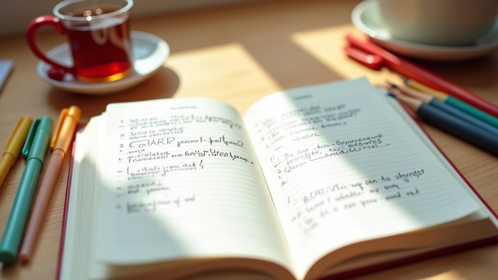 Dagboek open met geschreven doelen en reflectie notities met gekleurde pennen