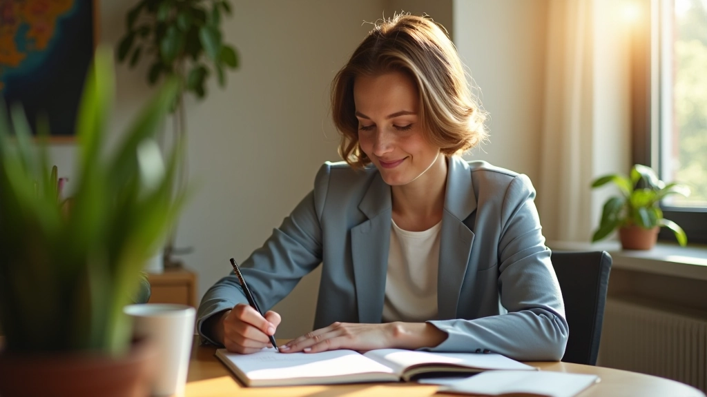 Persoon met notitieboek en plan doelen op houten bureau in natuurlijk licht