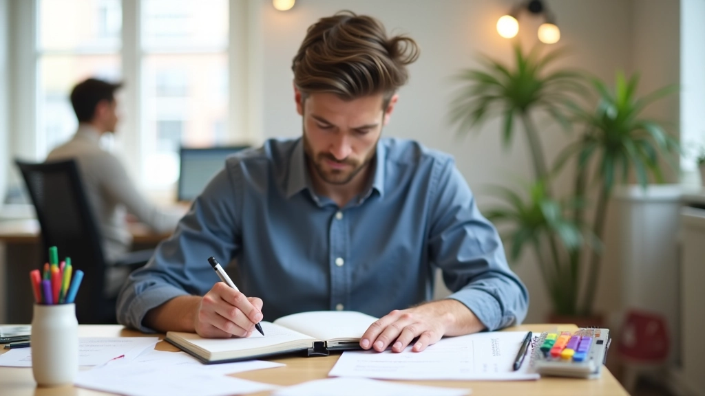 Professionele foto van iemand die aan een bureau werkt met een jaarplanner en kleurgecodeerde notities, helder kantoorlicht, scherpe focus