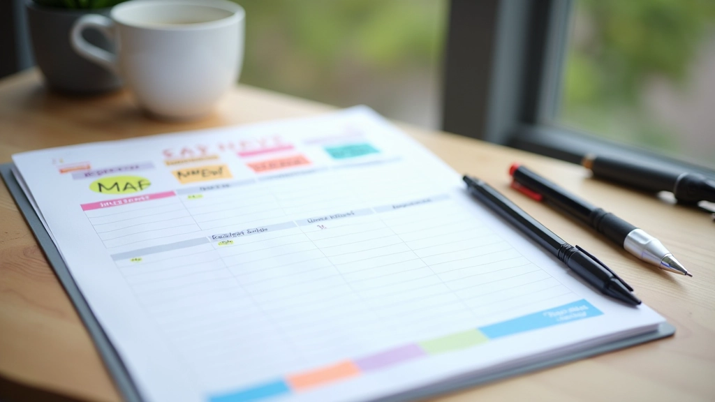 Kalender met gekleurde markeringen voor kwartaal-, maand- en weekplanning naast agenda