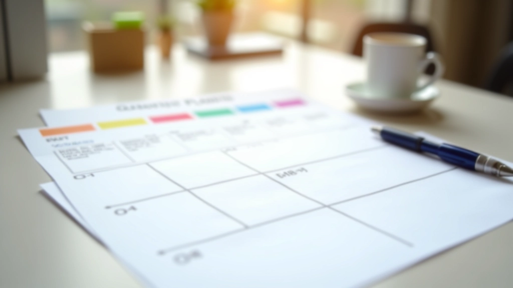 Kwartaalplanner met 4 kolommen gemarkeerd, kleurgecodeerde doelstellingen per kwartaal, bureau met koffie, helder daglicht