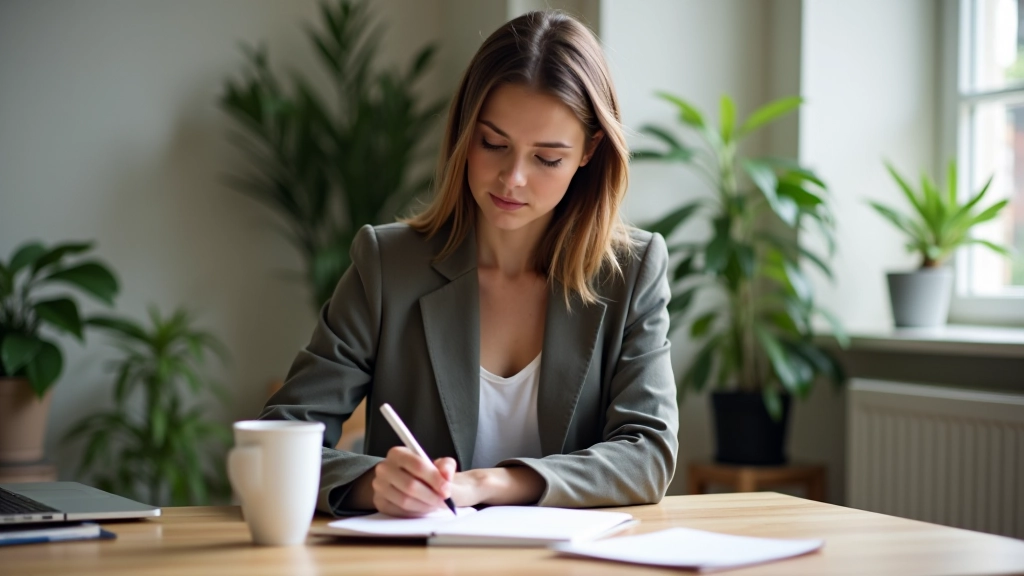 Persoon die doelen opschrijft in notitieboek met koffie en plant op houten bureau