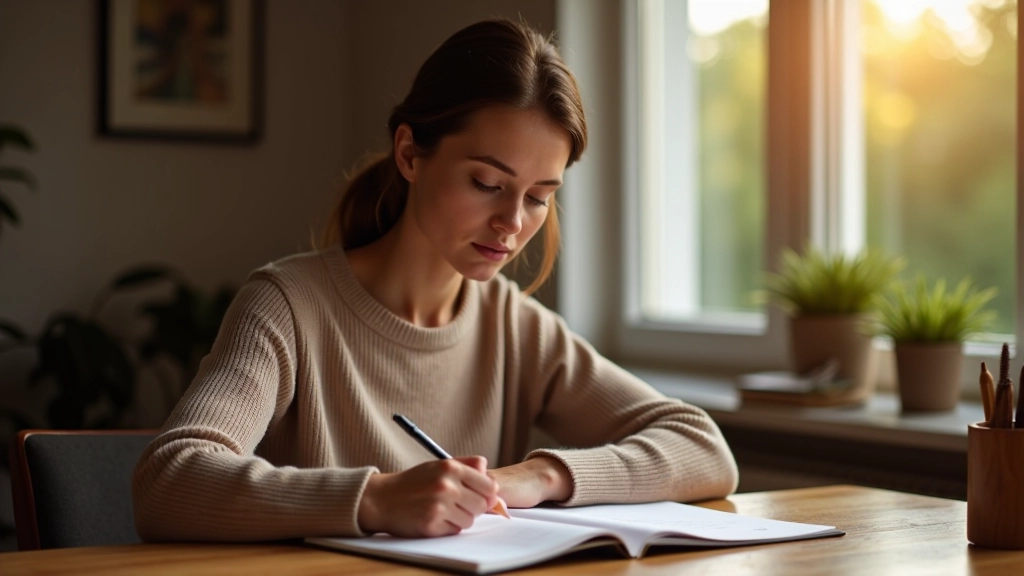 Persoon schrijft doelen op in notitieboek aan bureau met kopje koffie en planten